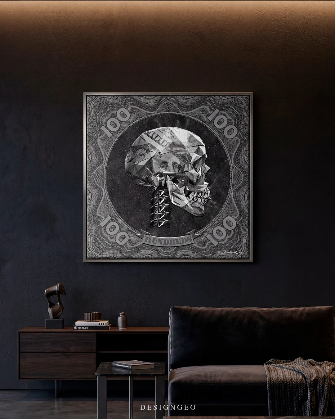 Modern office interior setting displaying the 100 dollar bill textured skull canvas art above a desk, adding a bold statement piece to executive workspaces or livings