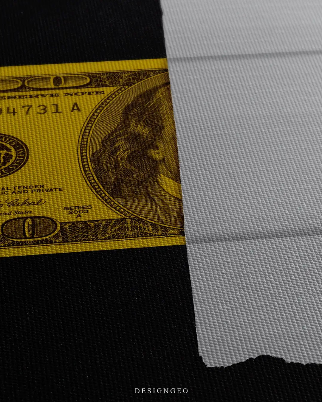 Close-up of hyper-realistic wall art featuring a $100 dollar bill with detailed textures and engravings on a solid minimalist black background