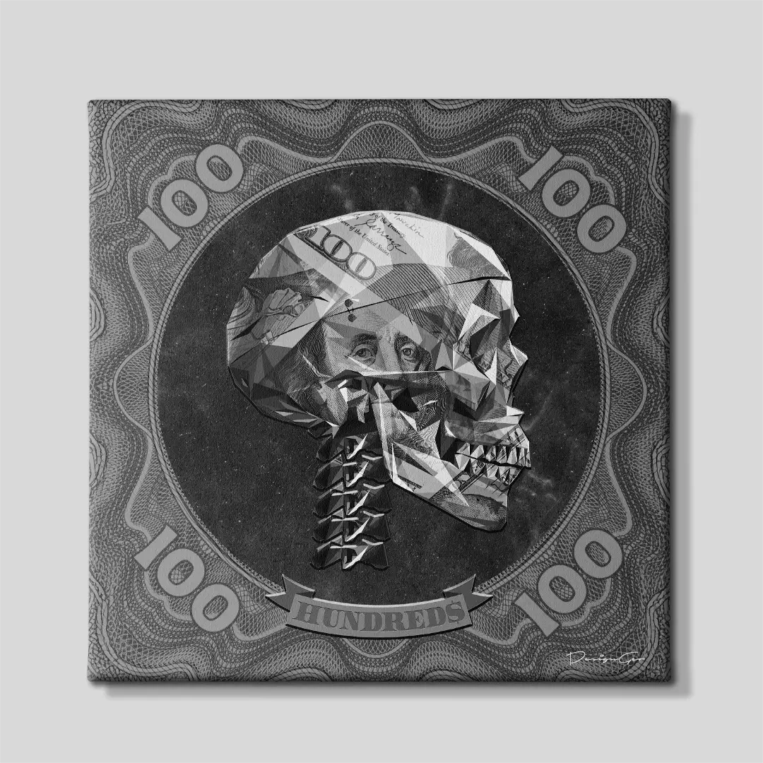 Front view of the US dollar texture skull square canvas wall art, a premium decorative piece for finance professionals and modern urban art enthusiasts