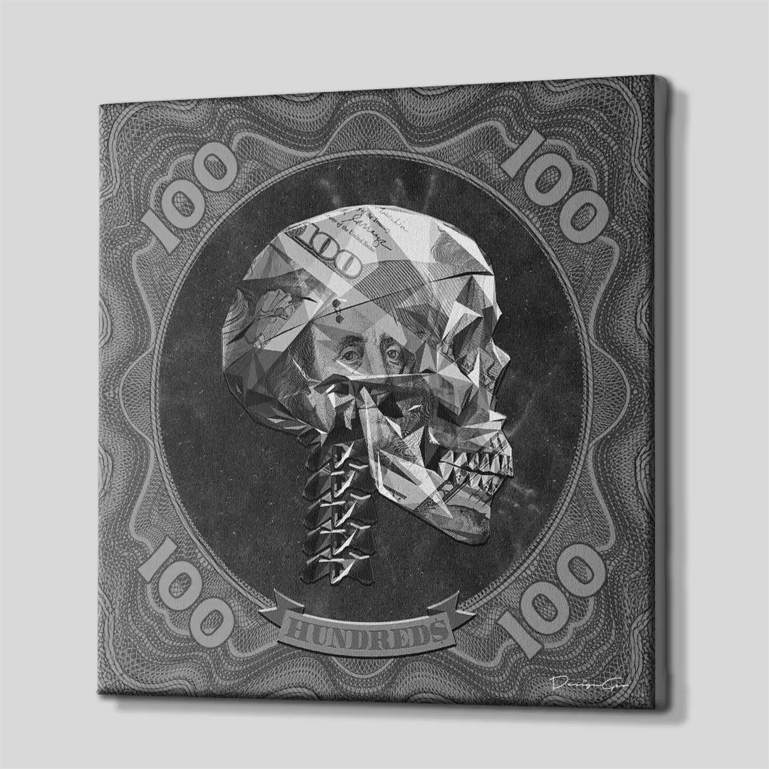 Side angle of the money skull motivation canvas print, highlighting the high-quality gallery wrap finish and the professional 3D frame depth