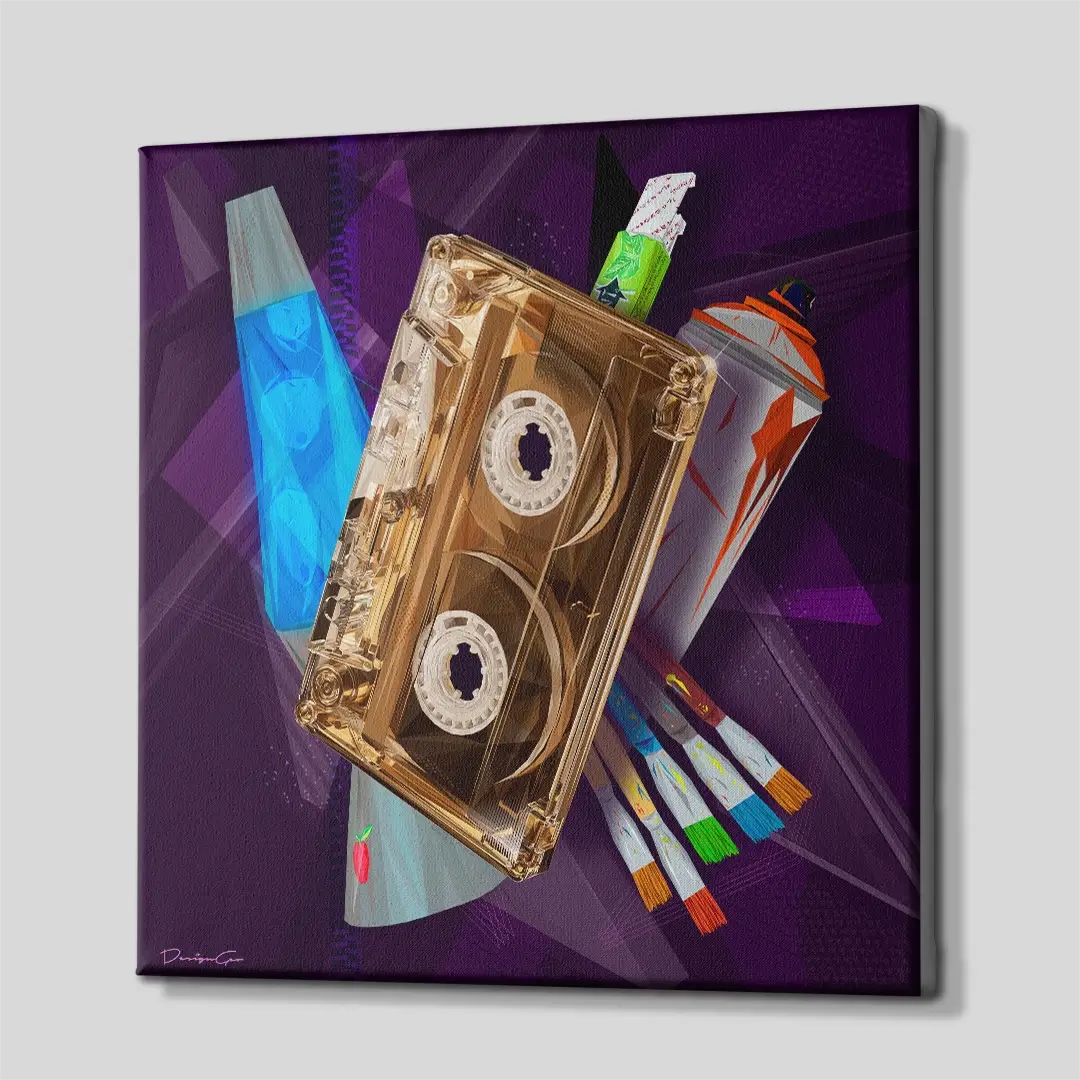 Side angle of the seventies iconic elements retro canvas print, highlighting the high-quality gallery wrap finish and the professional 3D frame depth
