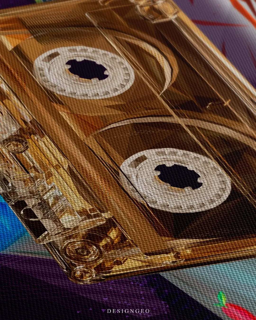 Close-up of 1970s retro wall art featuring a collage of iconic vintage elements, disco motifs, and warm earthy tones typical of the seventies