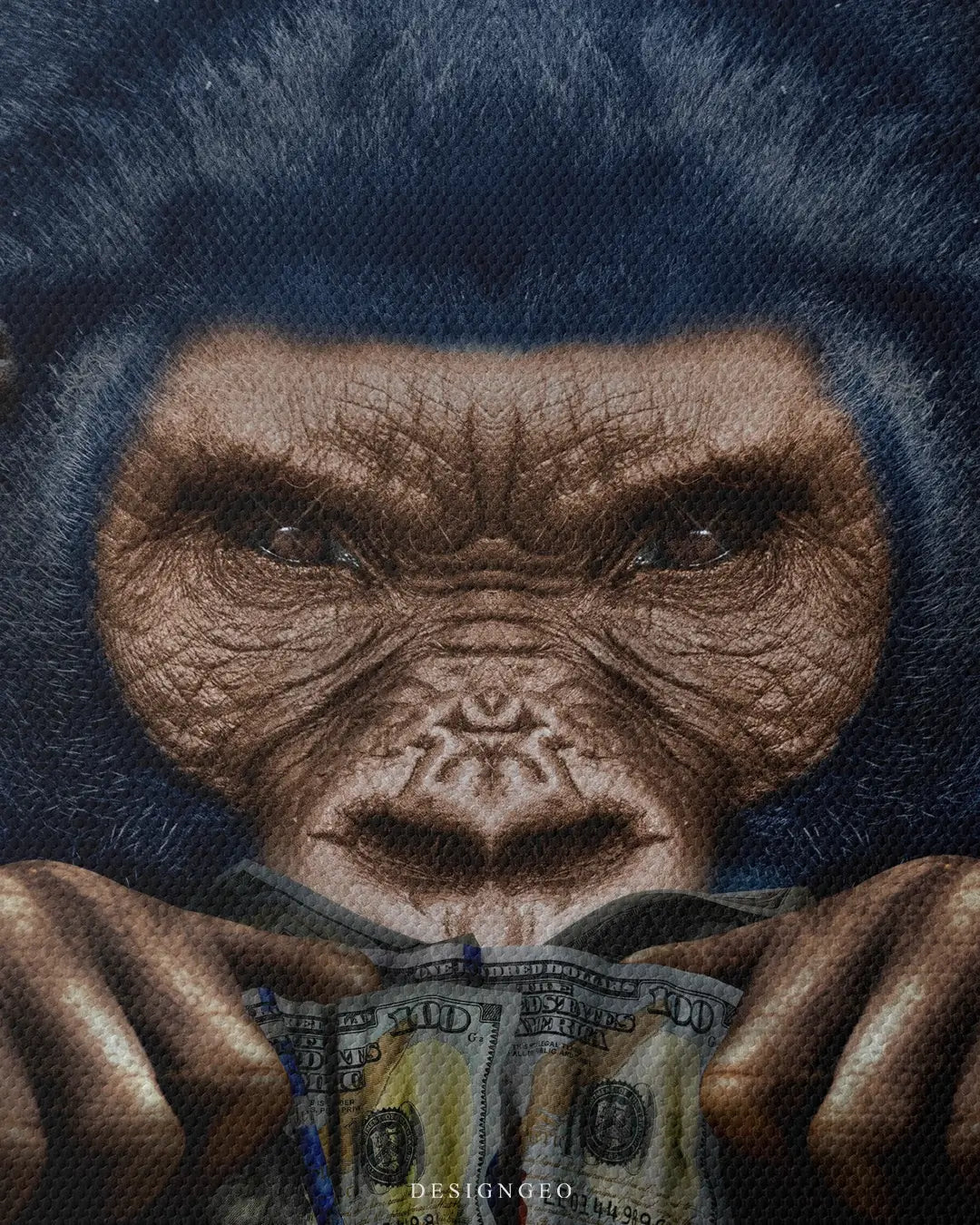 Detailed view of the "3 Wise Apes" art, showcasing the high-contrast textures and the gold financial accents of the three monkeys against a minimalist dark canvas