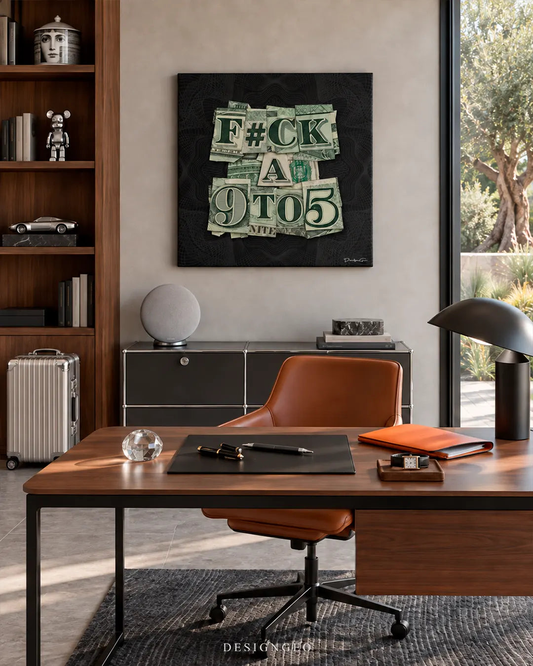 A 9 TO 5 dollar bill collage canvas wall art mounted above a dark credenza in a modern executive office with a wooden desk and leather chair