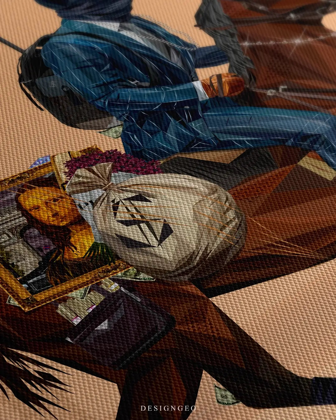 Close-up of modern wall art featuring a mysterious bandit on horseback riding through the vast Abu Dhabi desert dunes under a warm sunset