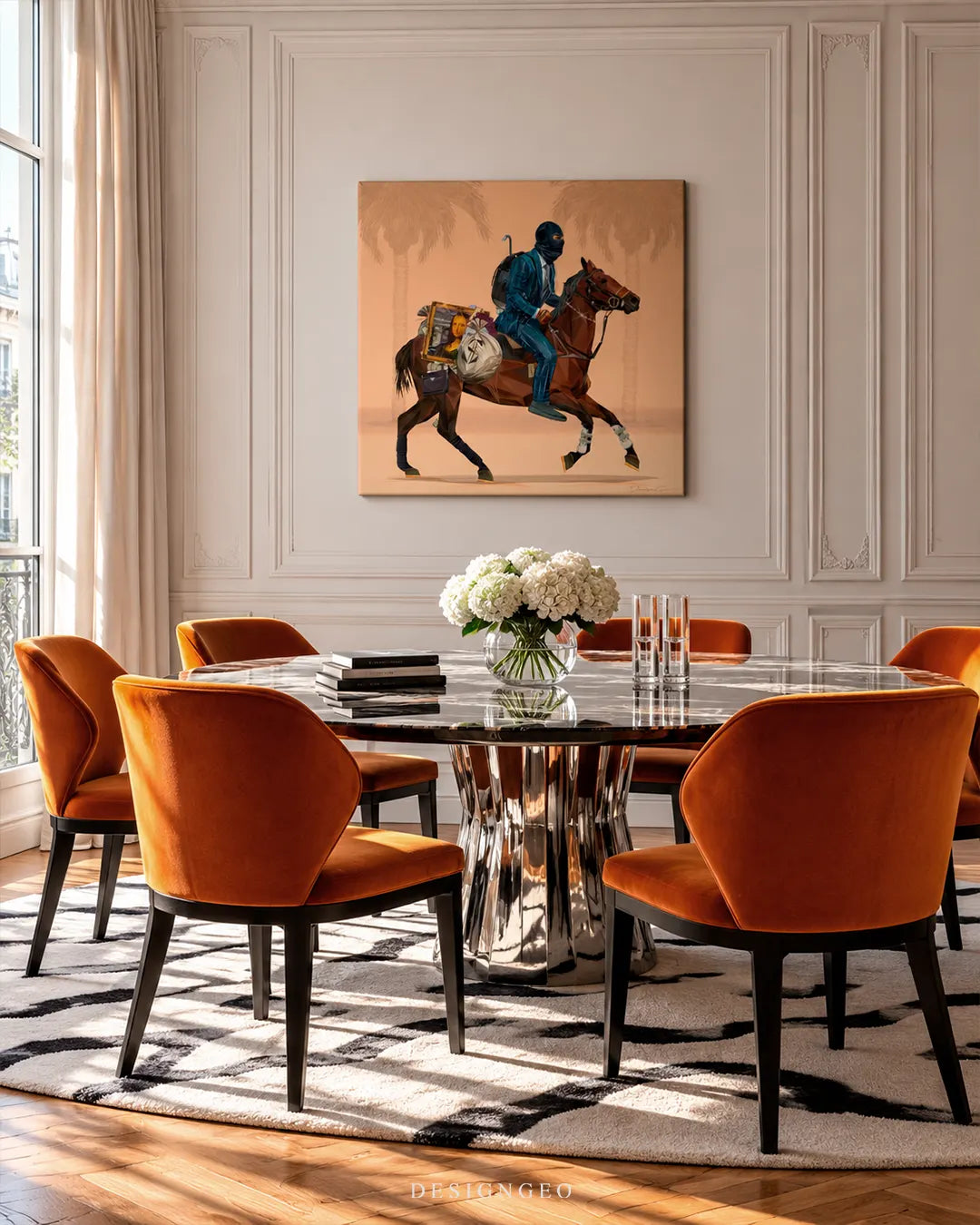 Man in blue suit and ski mask riding a brown horse carrying Mona Lisa canvas wall art displayed on a beige wainscoted wall in a luxury dining room above a marble table 0.75 inch thin wrap