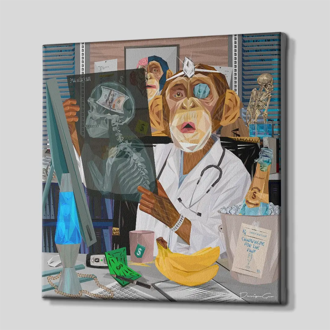 Side angle of the medical monkey money art canvas print, highlighting the high-quality gallery wrap finish and the professional 3D frame depth