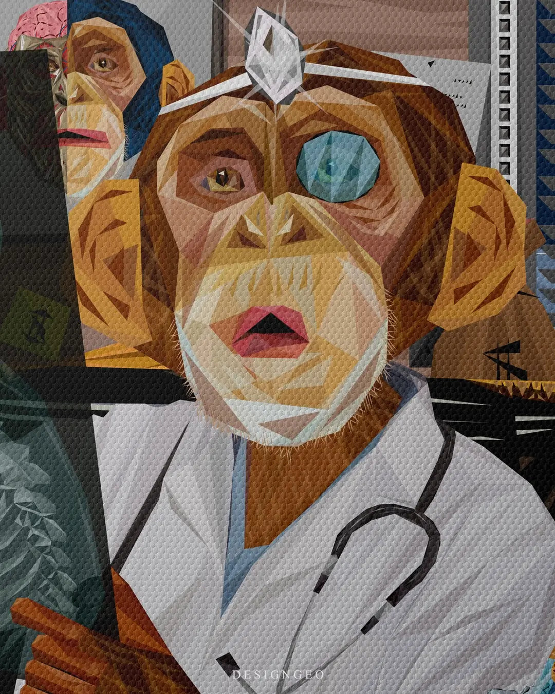 Artistic canvas illustration of a medical monkey looking at a brain scan filled with $100 dollar bills, symbolizing a mind focused on financial growth and success