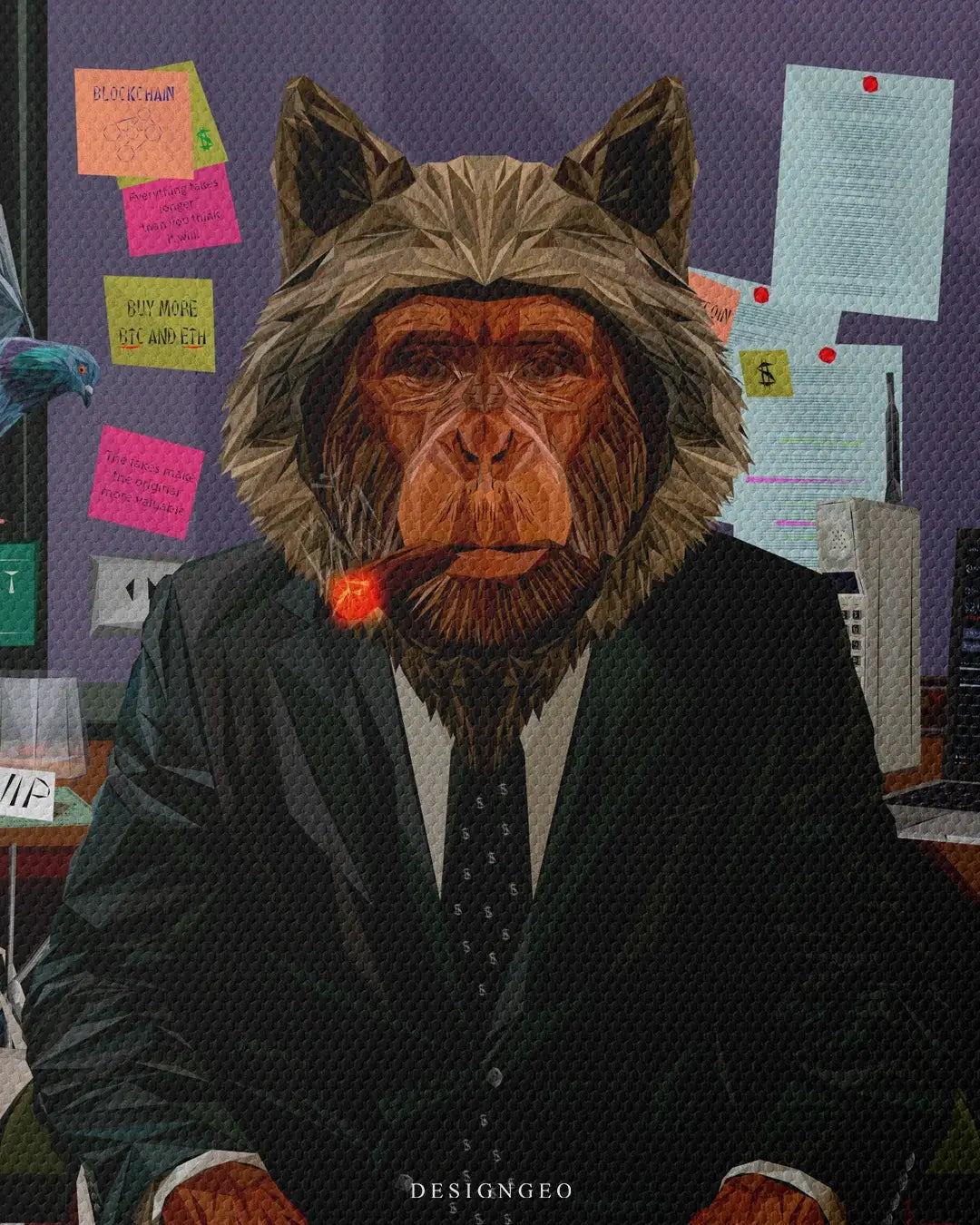 Artistic canvas illustration of a monkey in a luxury office environment, symbolizing the aggressive ambition, stock market hustle, and the "Wolf of Wall Street" mindset