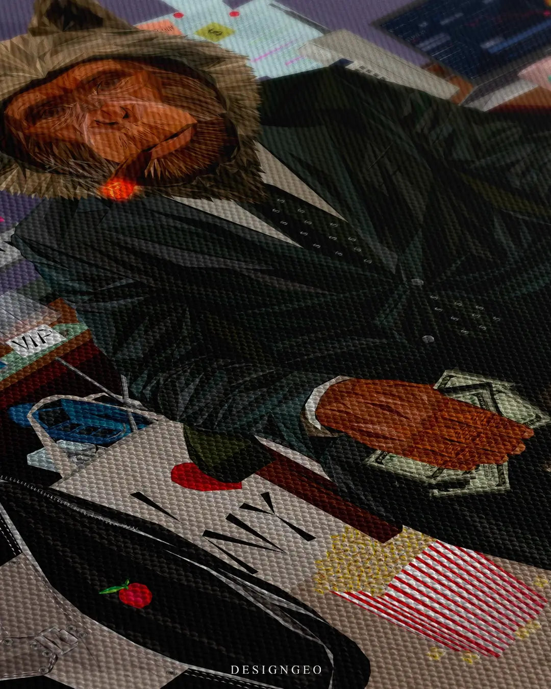 Close-up of modern motivational wall art featuring a monkey personified as a Wall Street trader in a suit, shouting with intensity in a high-pressure office setting
