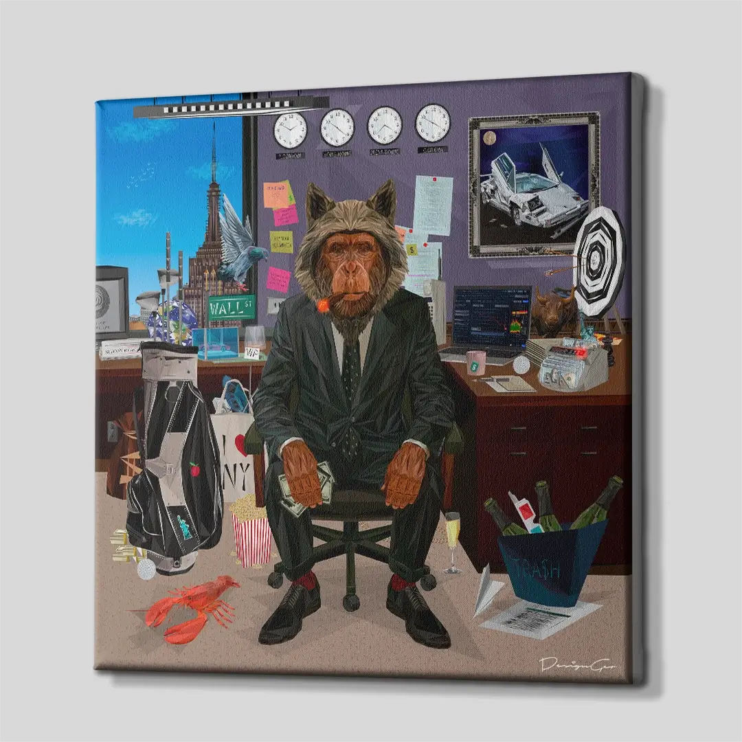 Side angle of the Wall Street monkey motivation canvas print, highlighting the high-quality gallery wrap finish and the professional 3D frame depth