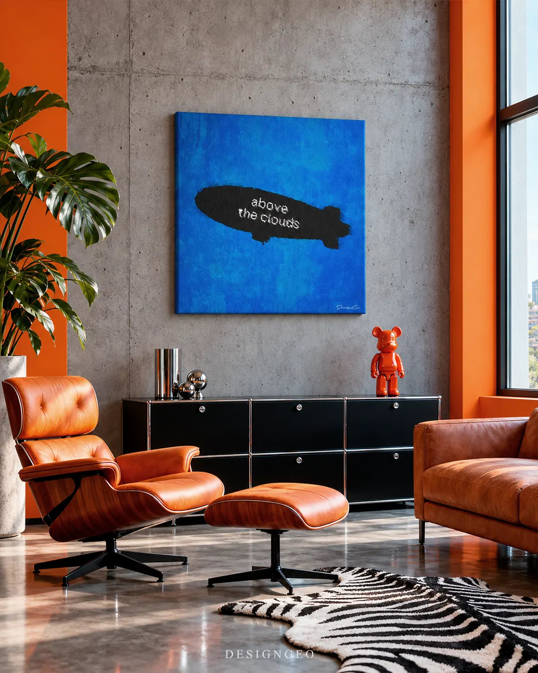 Black blimp silhouette with text above the clouds on bright blue background square canvas wall art displayed on a concrete wall in a mid-century lounge 0.75 inch thin wrap