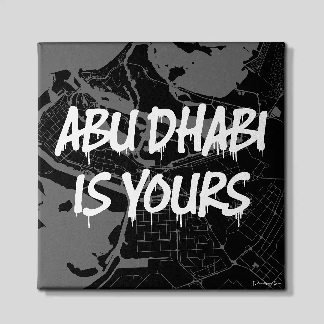 Front view of the Abu Dhabi is Yours square city map canvas print, a premium motivational wall art piece designed for contemporary corporate settings, trading rooms, and global investors
