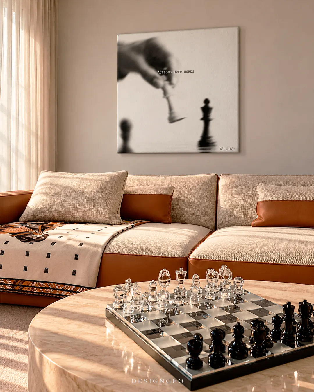 Actions Over Words chess strategy square canvas wall art mounted on beige wall in modern living room above cream sofa and crystal chessboard table 0.75 inch thin wrap