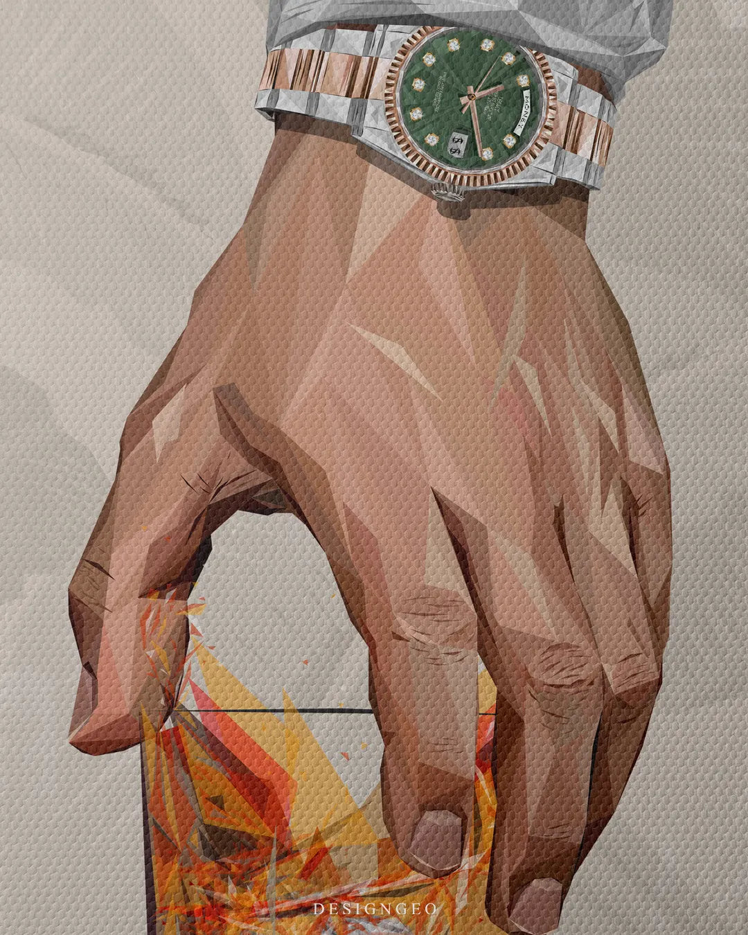 Vertical close-up view of the canvas print detailing the green watch face, silver and gold bracelet, and faceted hand reaching for a whiskey glass