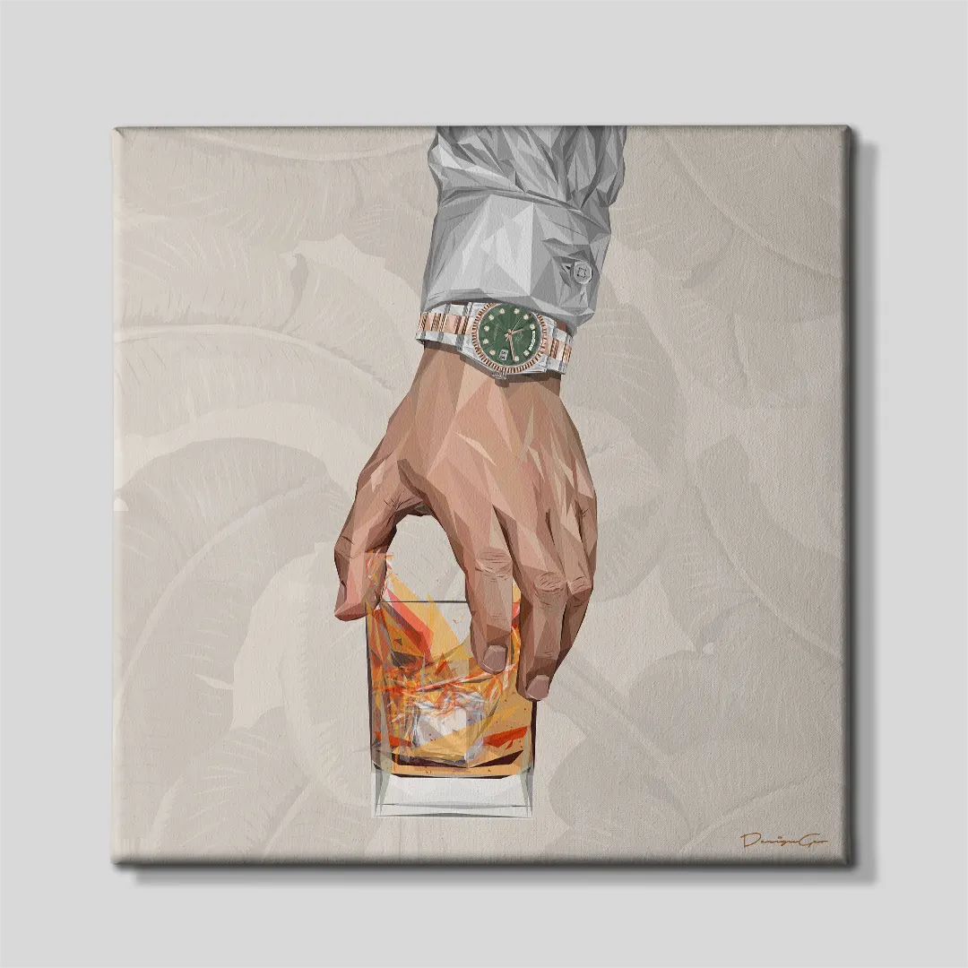 Front view of a square canvas print depicting a geometric low-poly hand wearing a luxury green dial watch holding a whiskey glass