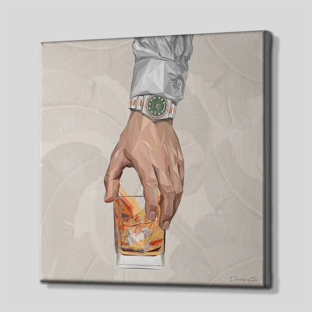 Three-quarter side perspective of the square luxury watch and whiskey canvas wall art, showing clean gallery-wrapped edges mounted on a wooden frame