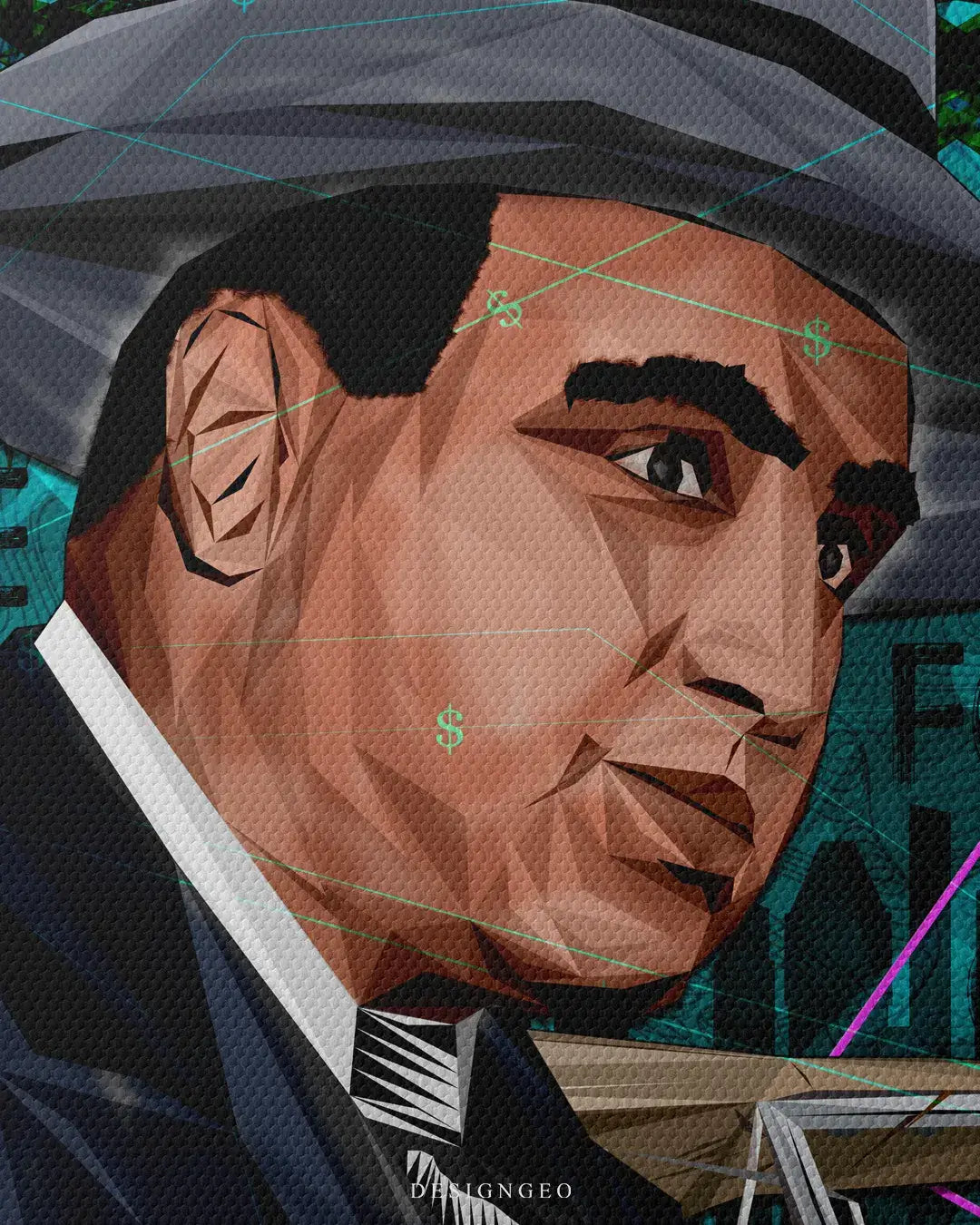 Vintage-style portrait of Al Capone on canvas, depicting the iconic mobster in a suit and fedora with a cigar, 1930s mafia-inspired decor