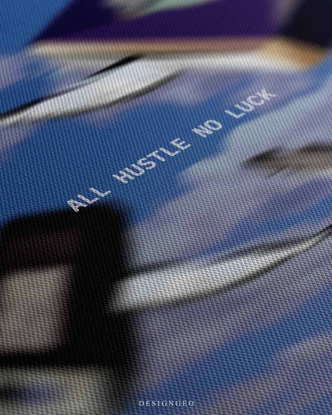 Macro view of woven canvas texture with printed text All Hustle No Luck on blue sky graphic background 0.75 inch thin wrap