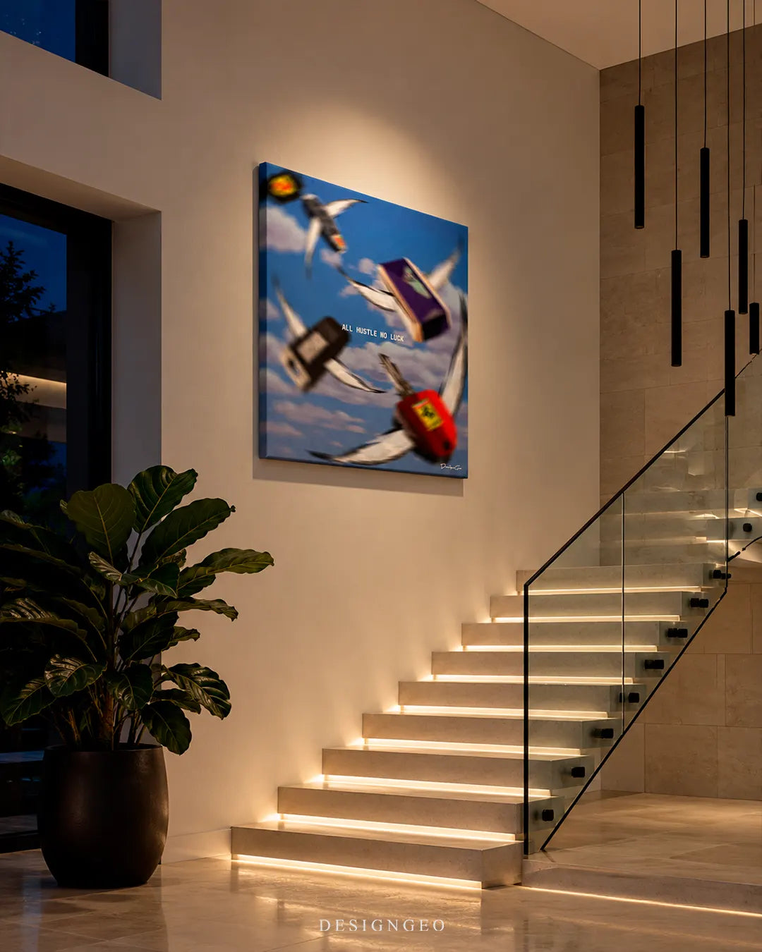 All Hustle No Luck flying luxury car keys square canvas wall art mounted on high ceiling wall in luxury entryway above illuminated staircase 0.75 inch thin wrap