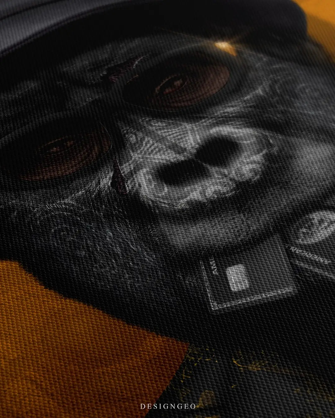 Close-up of modern pop art wall decor featuring an alpha gorilla as a gangster with sunglasses and a suit, highlighting intricate line work and patterns on a vibrant yellow background
