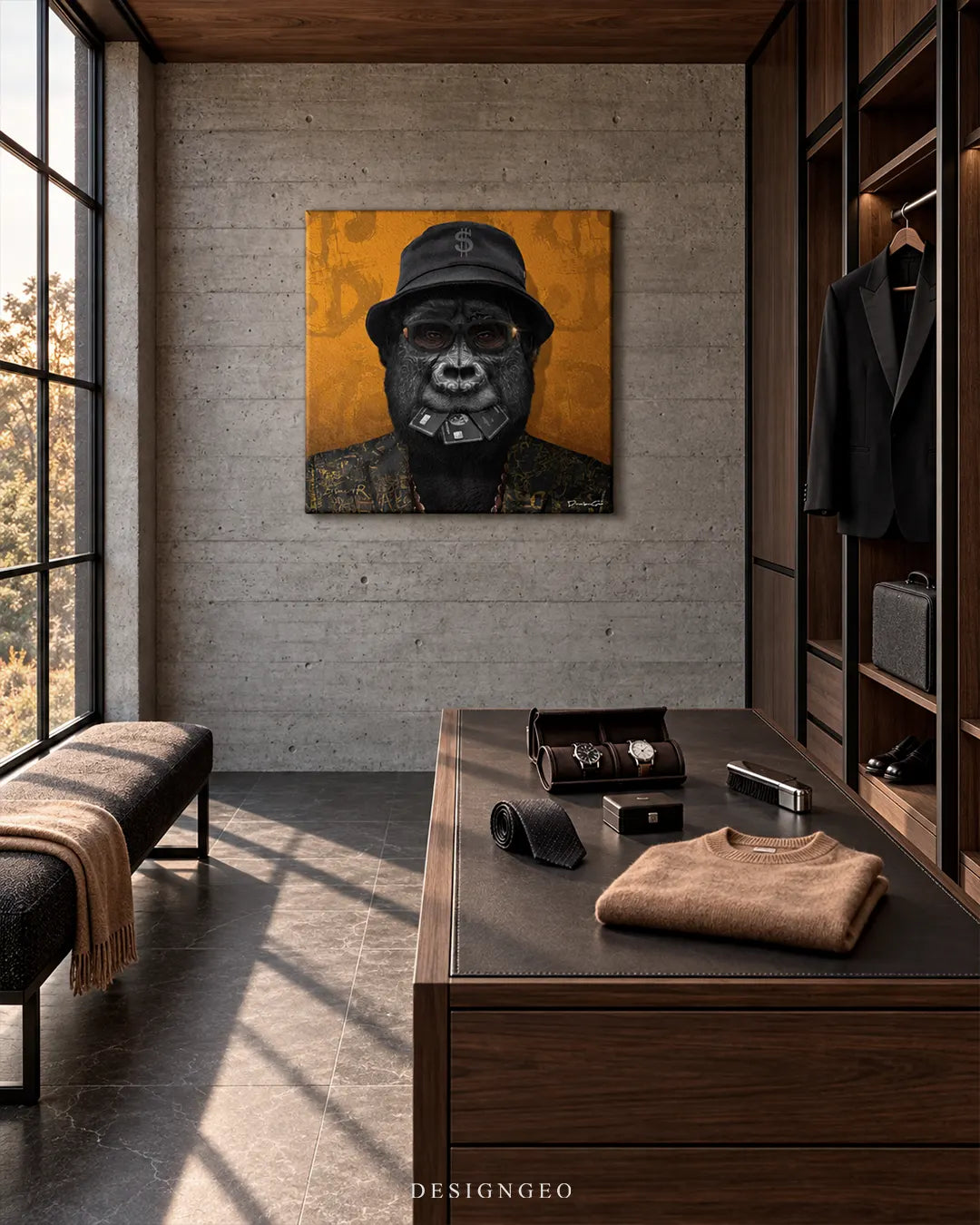 Square yellow canvas print featuring a gorilla in a bucket hat holding black credit cards in its mouth mounted on a concrete wall in a luxury walk-in closet