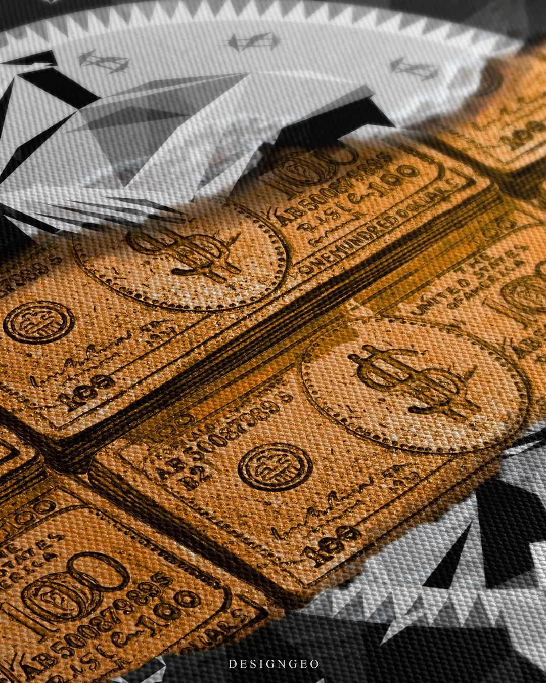 Close-up of modern wall art featuring a broken credit card filled with realistic shiny gold bars on a solid minimalist black background