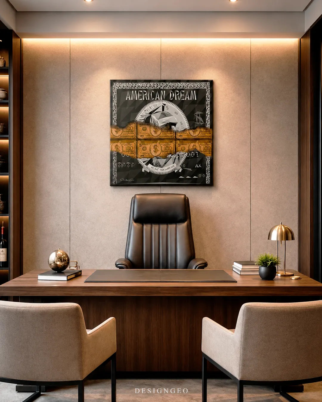 High-end executive office display featuring the square American Dream canvas wall art with gold 100 dollar bill textures mounted above a executive desk and leather chair