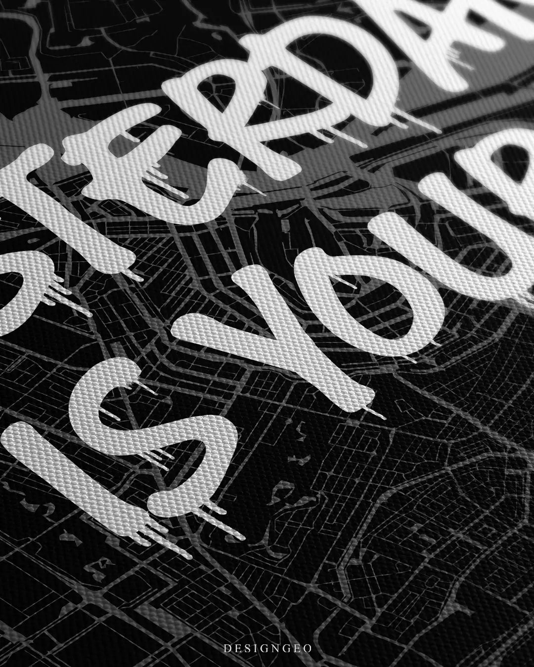 Detailed view of the "Amsterdam is Yours" canvas, showcasing the bold white spray-paint lettering layered cleanly over the intricate canal patterns and metropolitan lines