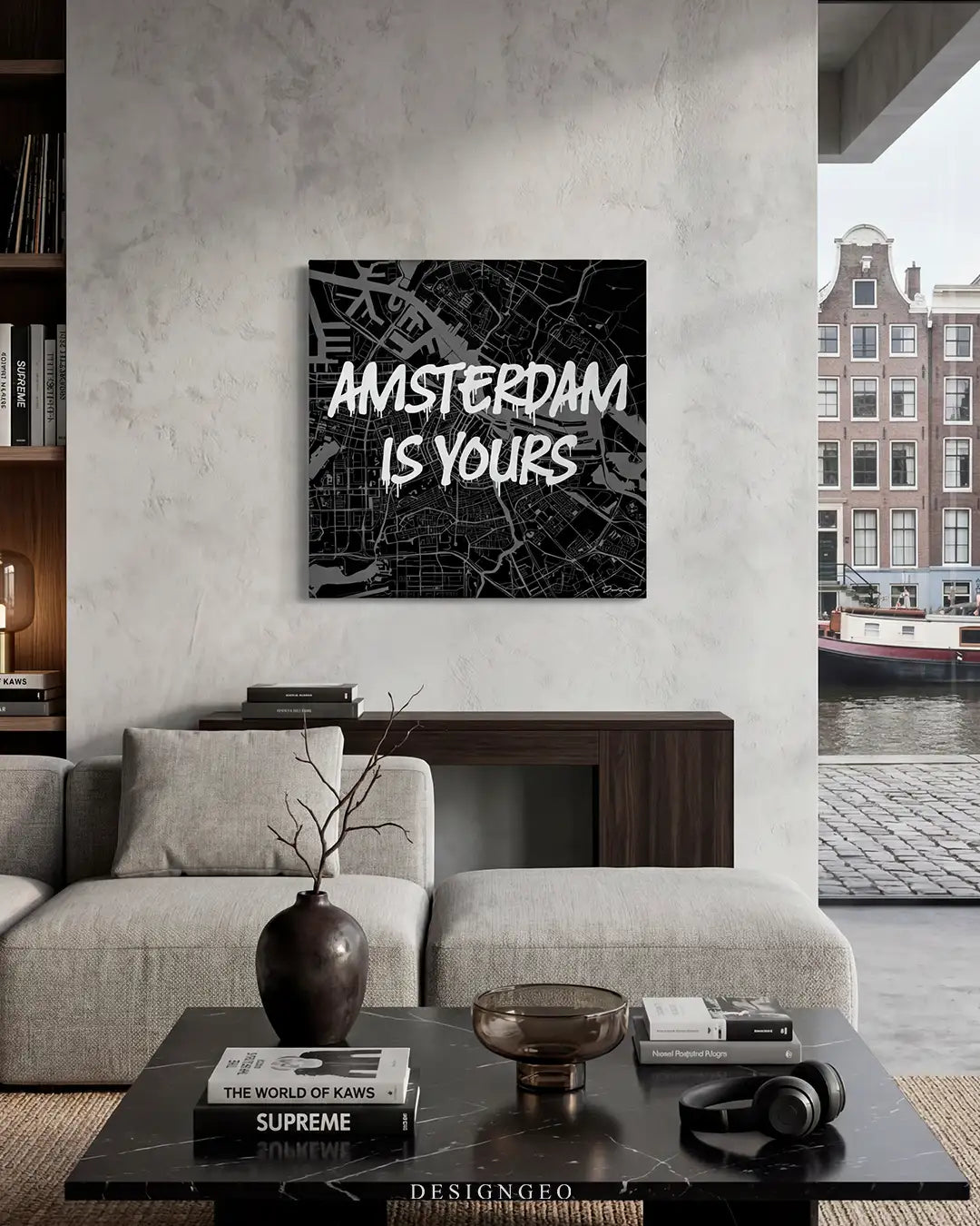 Modern interior displaying the Amsterdam map square canvas wall art above a desk, adding a sophisticated, luxury metropolitan touch to executive offices or upscale livings