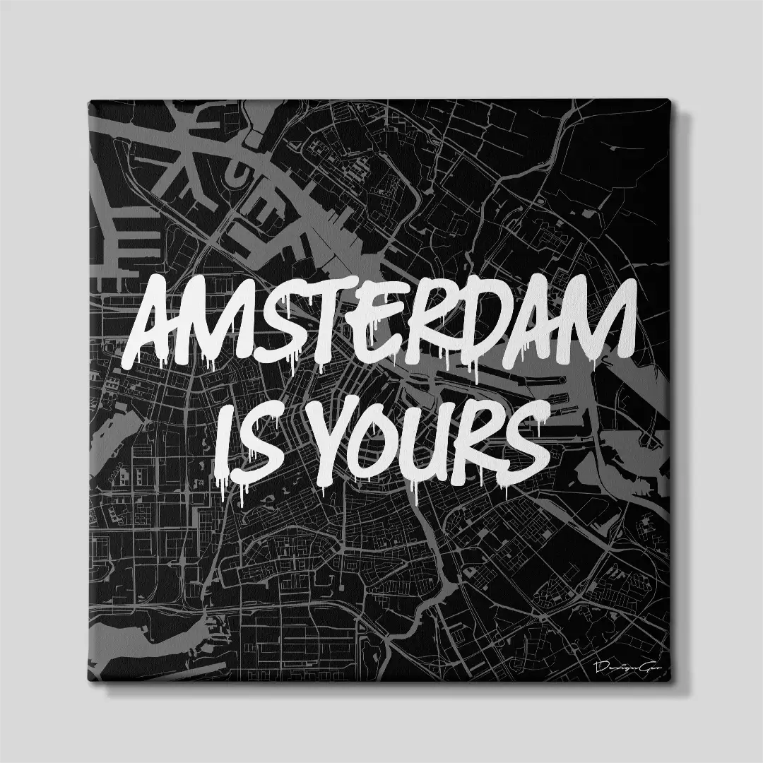 Frontal view of the Amsterdam is Yours square city map canvas print, a premium motivational wall art piece tailored for modern workspaces, trading rooms, and global travel enthusiasts