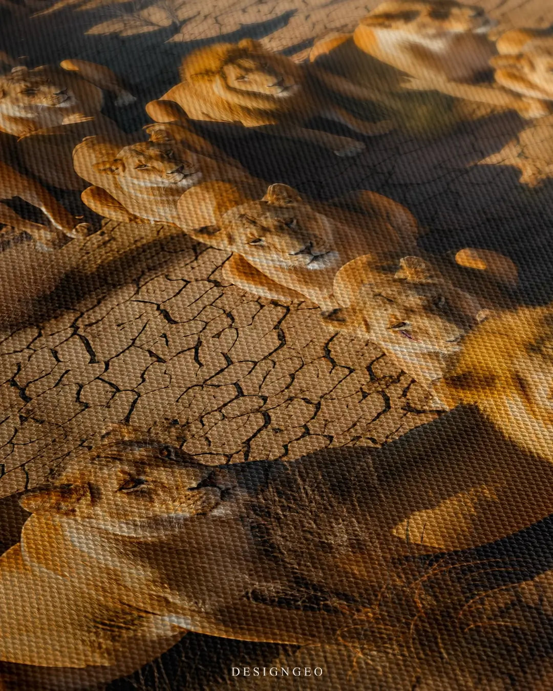 Close-up of motivational wall art showing a pride of lions and lionesses forming a dollar sign symbol with realistic fur textures and golden desert tones
