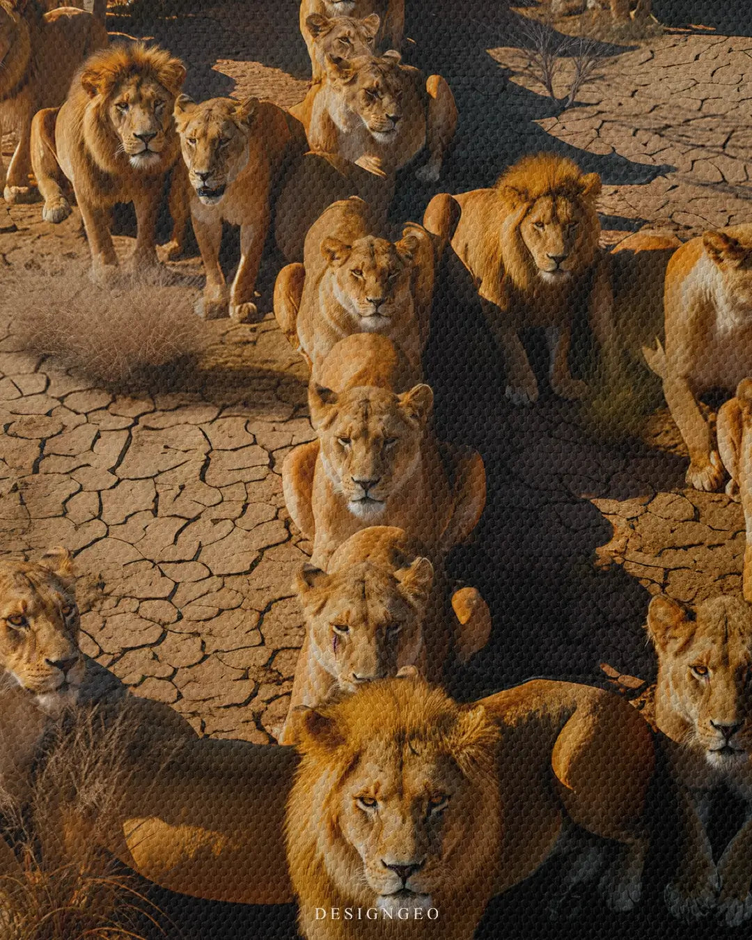 Artistic canvas illustration of lions and lionesses strategically positioned to create a $ symbol in a vast desert landscape, representing leadership and financial ambition