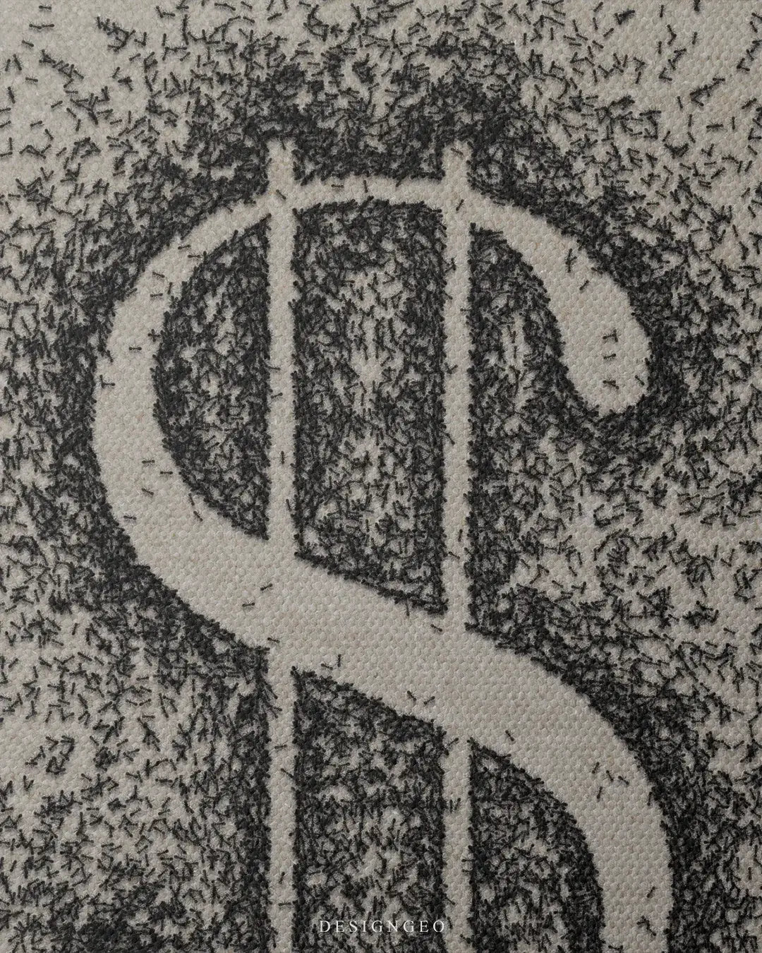 Detailed frontal shot of a canvas print where numerous black ants are organized to create a financial dollar symbol on a clean white background.