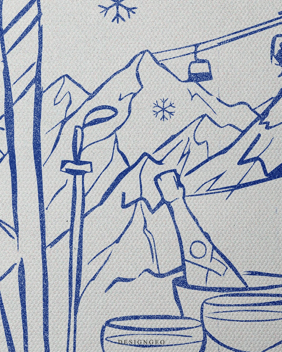 Close-up view of the blue line-art ski canvas design, highlighting illustrated skis, ski poles, snowflakes, a cable car lift, and a champagne bottle in an ice bucket against mountain outlines