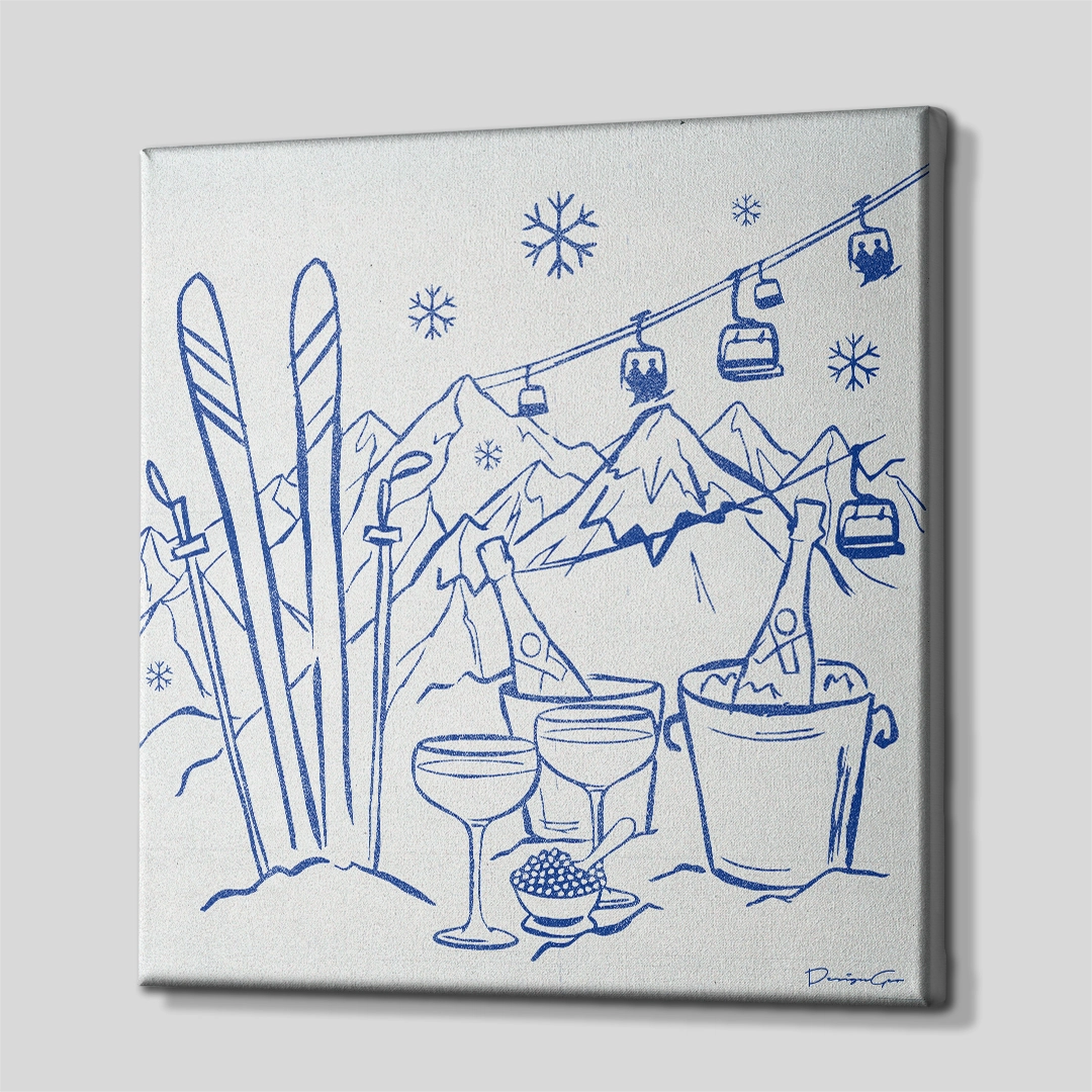 Three-quarter side angle of the square blue and white Après-Ski canvas print, showing the seamless gallery wrap edges and the solid depth of the wooden stretcher bars against a neutral studio background