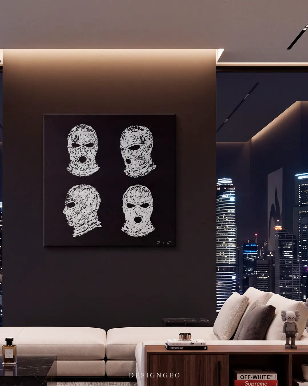 Modern luxury apartment living room with city skyline views, featuring the square white balaclavas canvas print mounted above a white sectional sofa and streetwear design books
