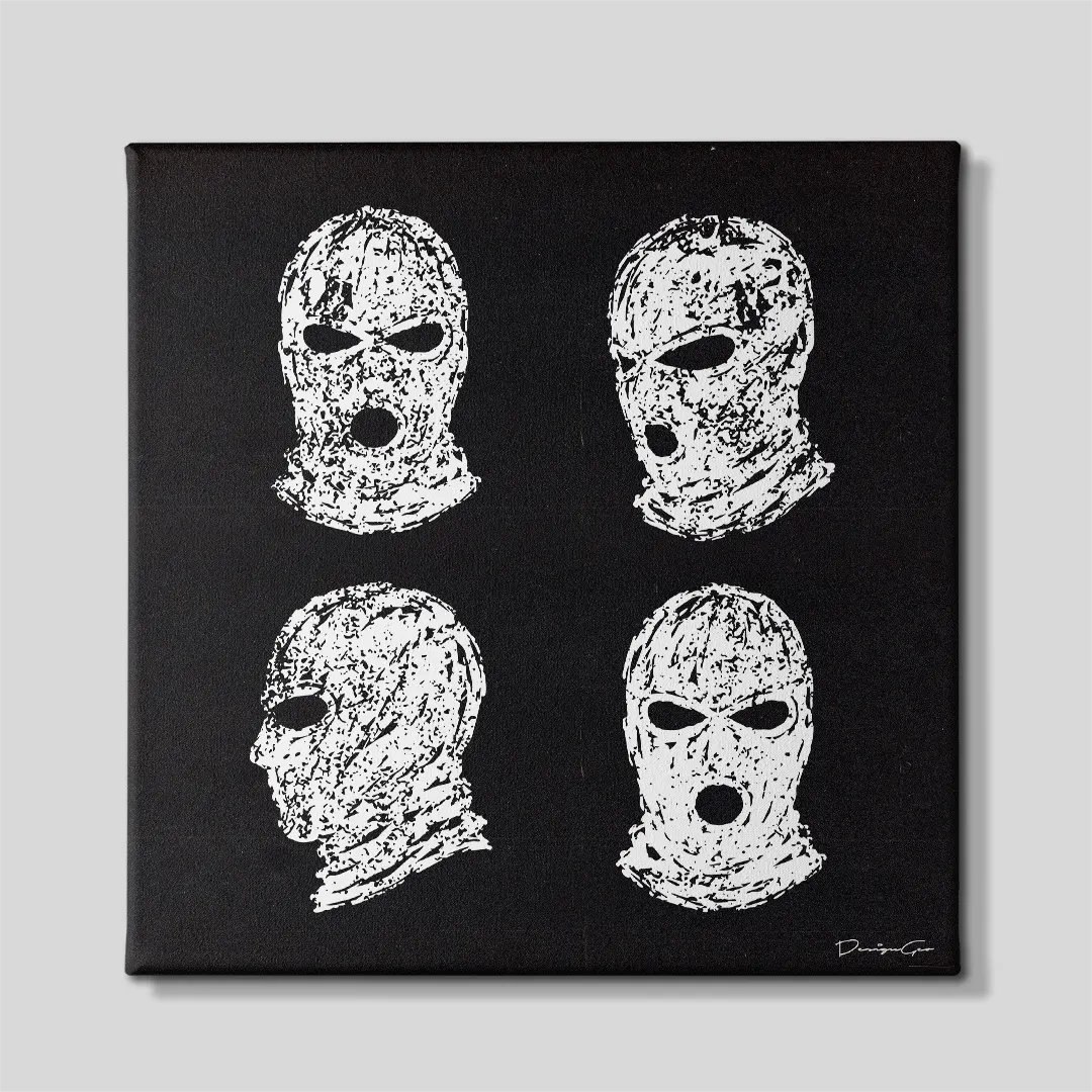 Front view of a square canvas print featuring four white textured balaclavas arranged in a grid on a solid black background