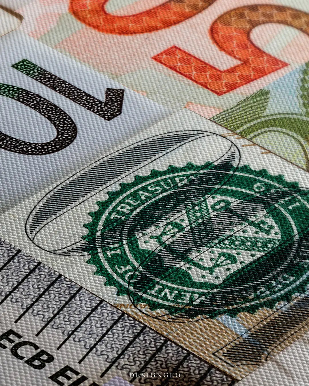 Detailed view of the Banknotes canvas art, showcasing the crisp textures of international bills, global currency symbols, and a sophisticated high-contrast layout