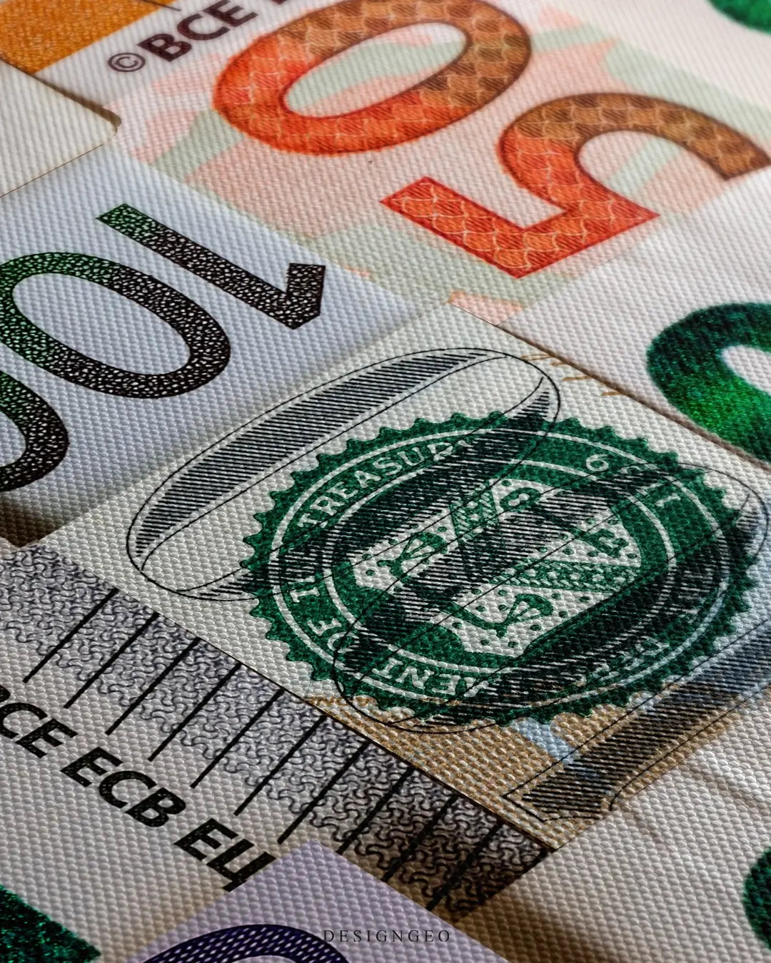 Close-up of inspirational money art featuring a macro view of international banknotes from around the world, showing intricate security patterns and rich currency colors