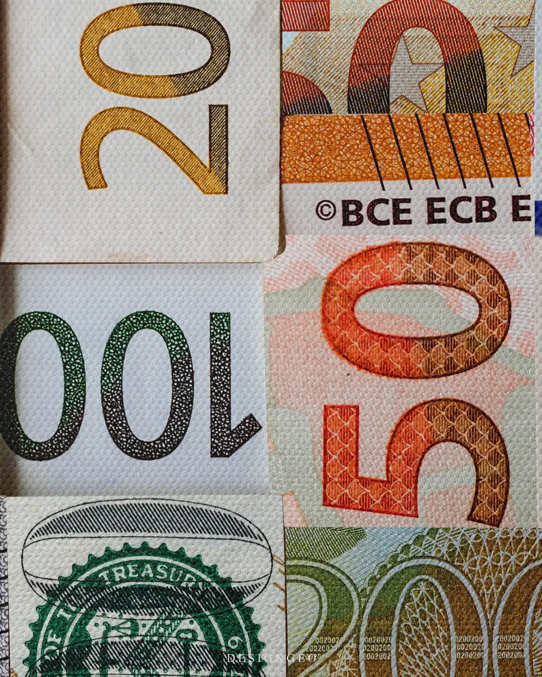 Close-up of financial concept wall art titled Banknotes, featuring a detailed collage of various global paper currencies layered on a dark minimalist background