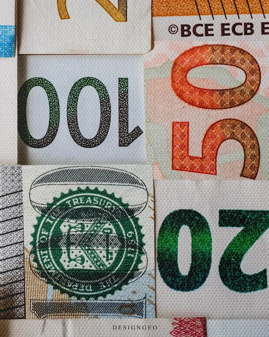 Artistic canvas illustration of various world banknotes stacked together, symbolizing global financial success and the diversity of wealth in a modern aesthetic