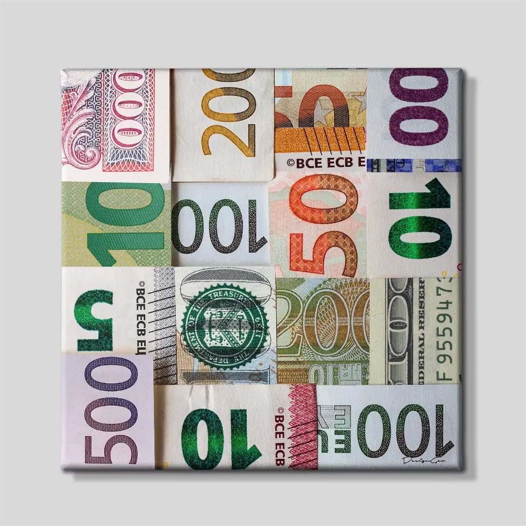 Frontal view of the Banknotes square canvas print featuring multi-currency world banknotes, a premium decorative piece for finance professionals and global investors