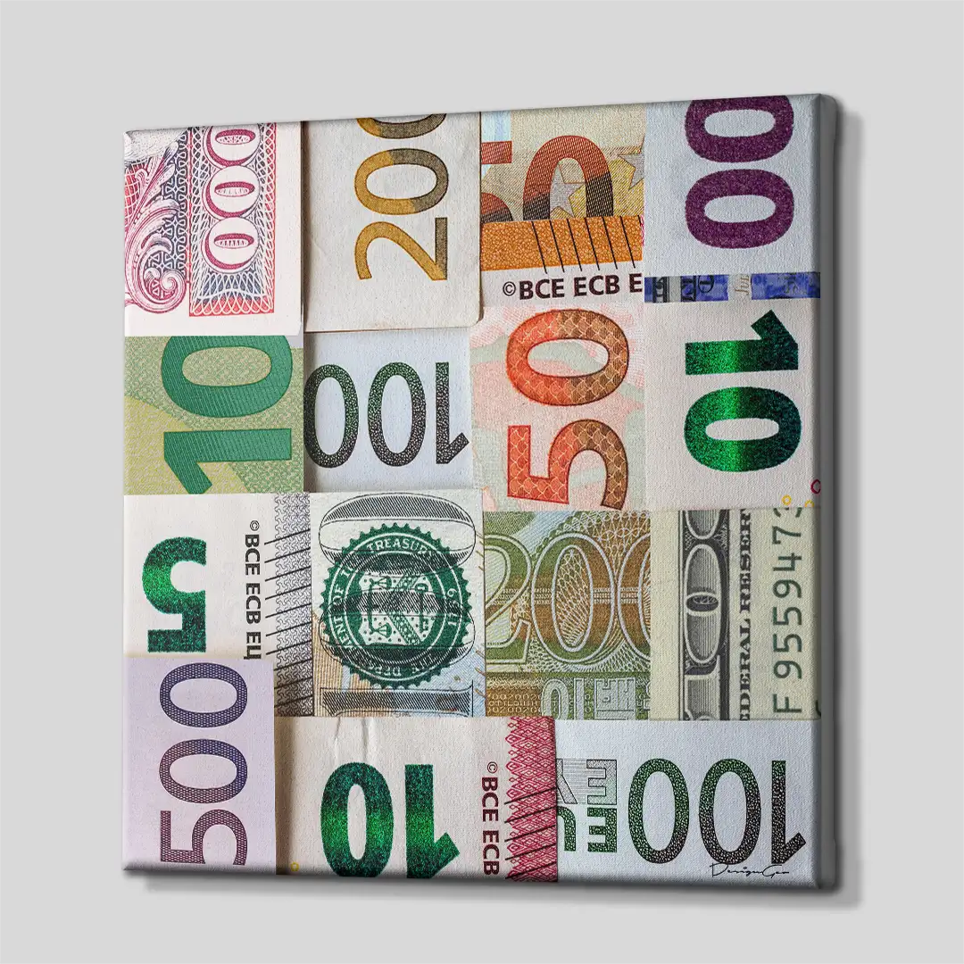 Side angle of the global banknotes multi-currency motivation canvas, highlighting the high-quality gallery wrap finish and professional 3D frame depth