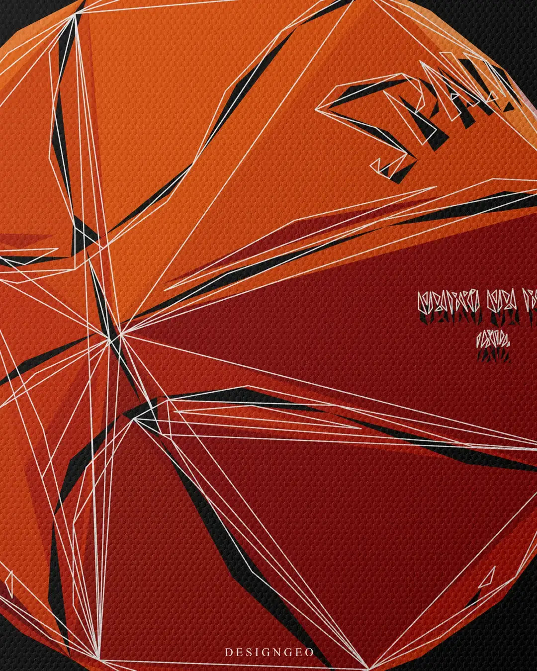 Close-up of minimalist sports wall art titled Basketball, featuring detailed black geometric seam lines on a vibrant orange basketball design over a dark background