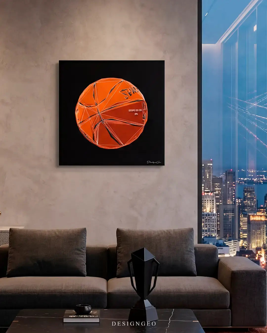 Contemporary living room interior displaying the minimalist Basketball square canvas print above a sofa, adding a sophisticated sports aesthetic to modern homes or bedrooms