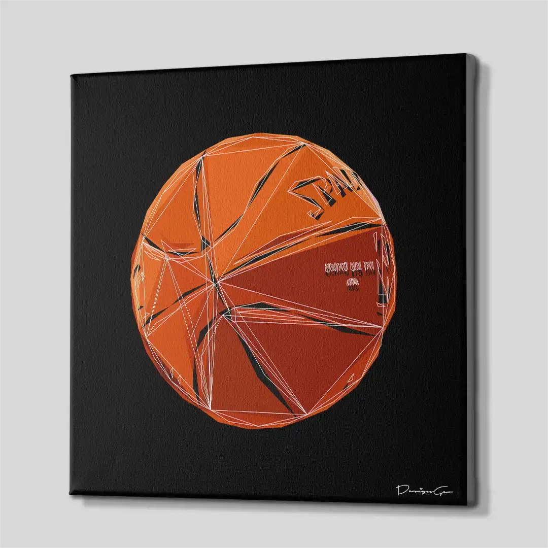 Side angle of the minimalist orange basketball sports canvas print, highlighting the high-quality gallery wrap finish and professional 3D frame depth for luxury styling