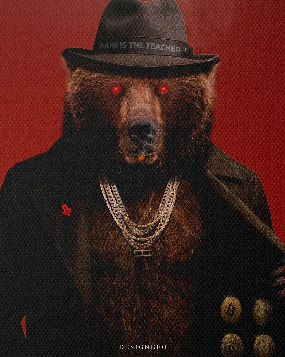 Bear Market crypto art illustration of a grizzly bear wearing a fedora hat with "Pain is the Teacher" text and showing crypto coins inside a trench coat