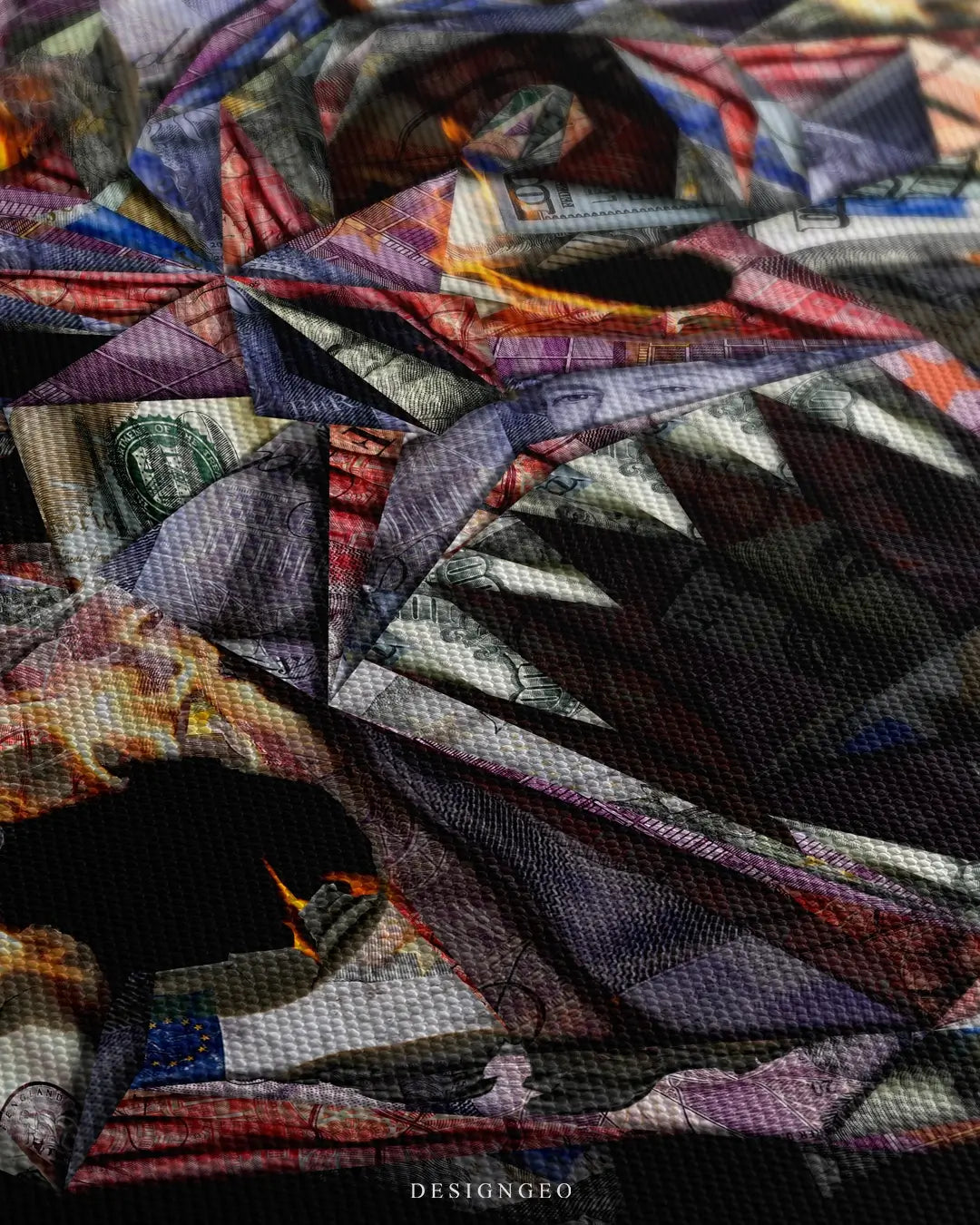 Close-up of modern financial wall art featuring a bear's head made of burning dollar bills on a minimalist solid black background