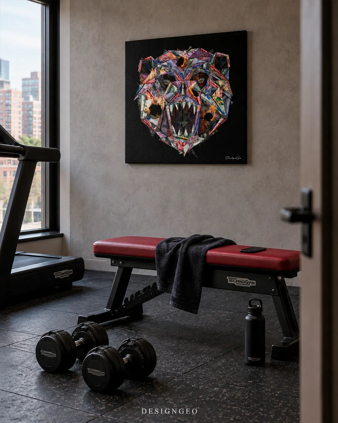 Modern luxury home gym interior featuring a square canvas print of a roaring bear head made from origami fiat money notes mounted on a concrete wall above a red workout bench